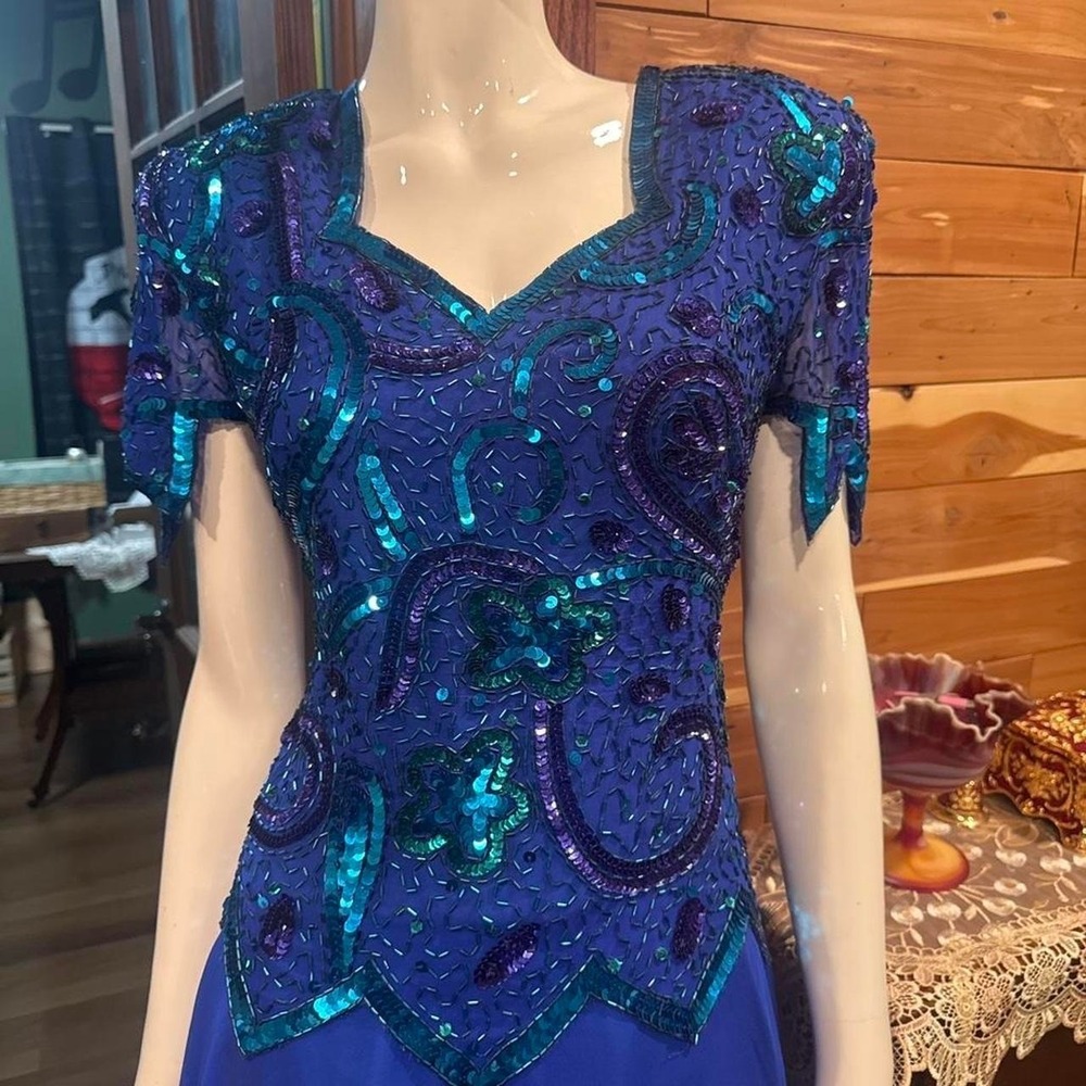 Vintage Laurence Kazar New York Dress Royal Blue Beaded Silk Size Small S - Picture 2 of 8